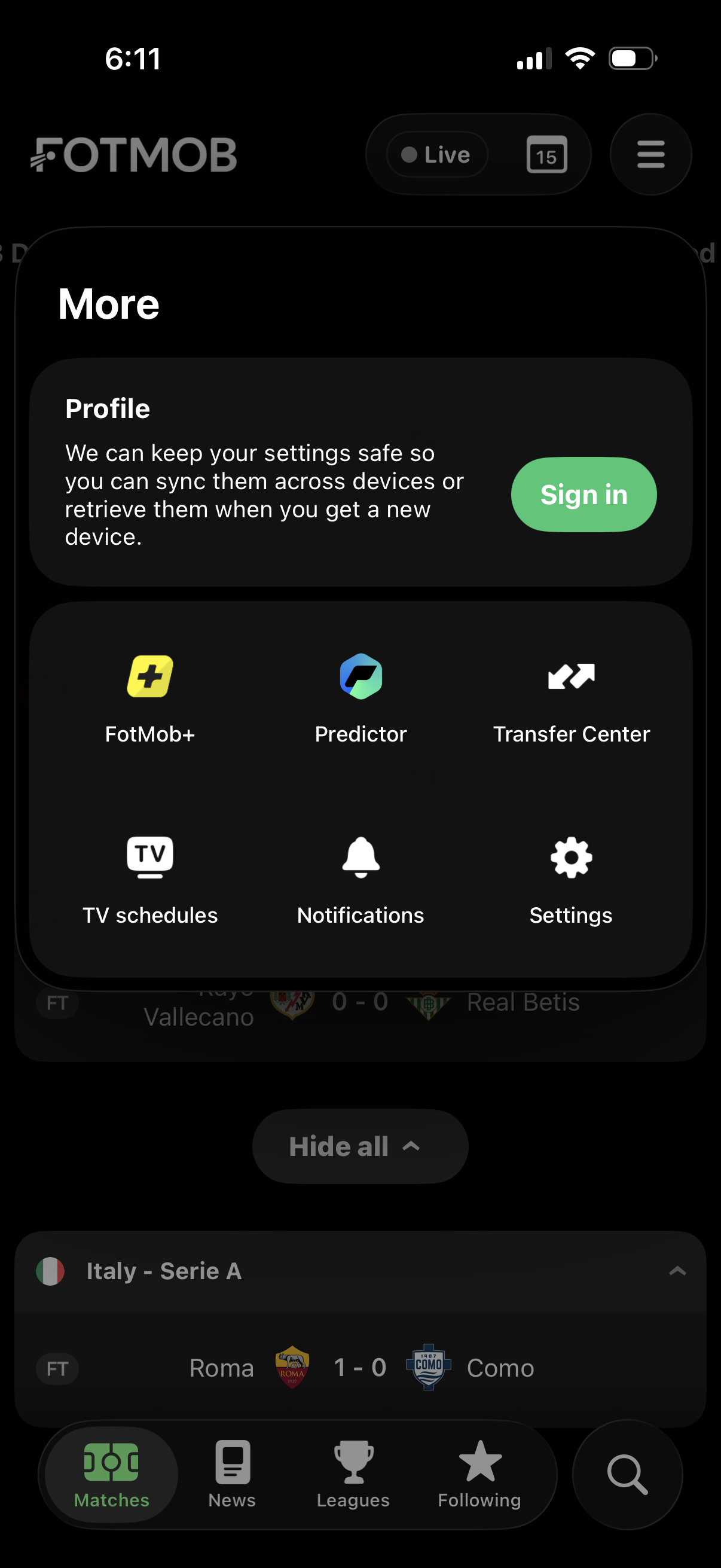 fotmob settings screenshot